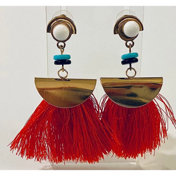 Beaded Gold & Red Tassel Earrings - Picture 1 of 1